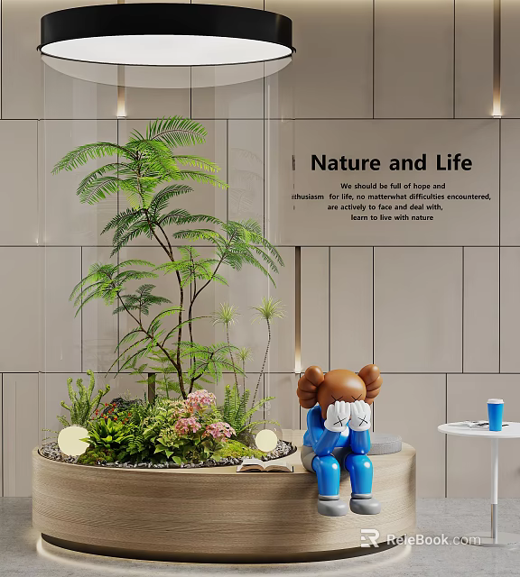 Indoor Landscape Interior With Tall Green Plants Decorative Sculpture And Wall Text Nature and Life 3d model 