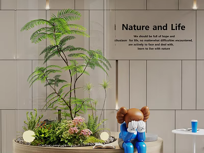 Indoor Landscape Interior With Tall Green Plants Decorative Sculpture And Wall Text Nature and Life 3d model