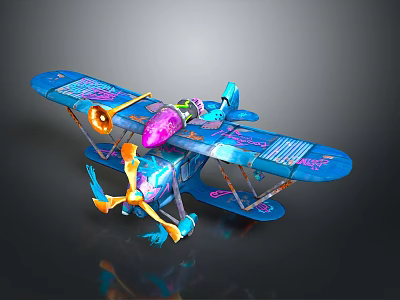 Colorful Cosmic Space Themed Biplane With Purple Orange Decorations And Space Exploration Design 3d model