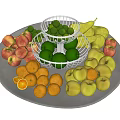 Assorted Fresh Fruits Red Yellow Apples Pears Limes Oranges On Round Tray With Metal Basket