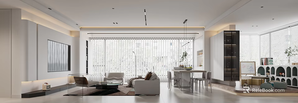 Modern Living Dining Room Interior With Sofa Dining Table Large Windows And Pendant Lights 3d model