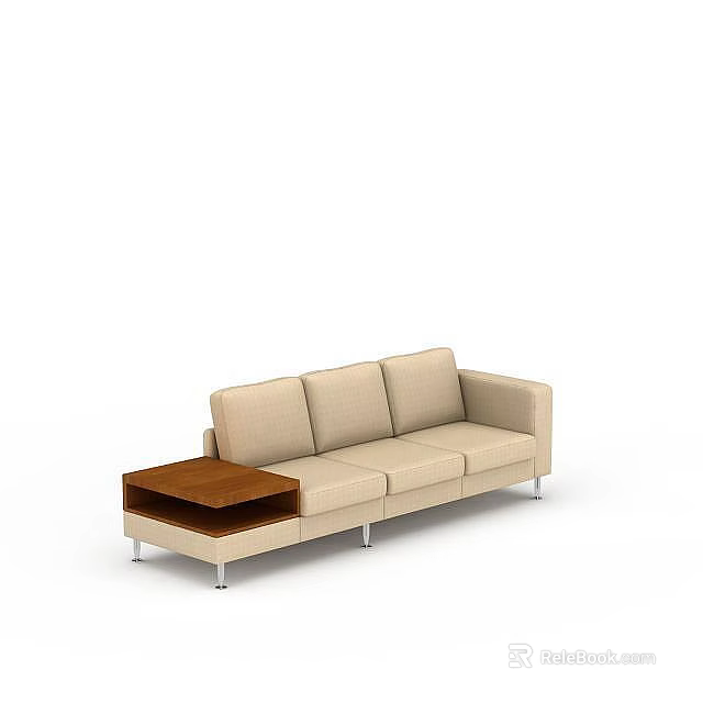Modern Beige Sofa With Attached Wooden Side Table And Metal Legs 3d model 
