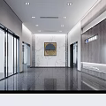 Modern Front Desk Reception Area With Marble Wall Circular Painting Glass Doors And Ceiling Lighting