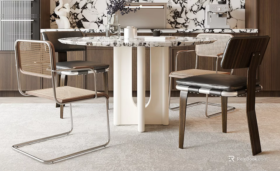 Modern Round Dining Table Set With Marble Top And Wicker Leather Chairs 3d model
