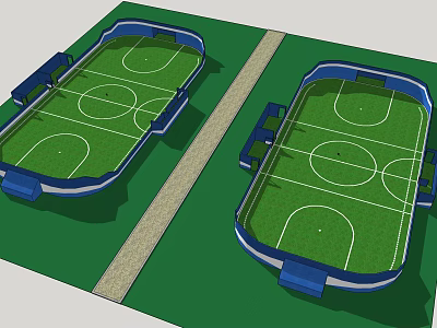 Two Parallel Football Fields With Green Turf White Markings And Blue Boundaries 3d model