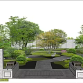 Garden Landscape Design With White Brick Wall And Lush Green Trees