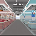 Supermarket Meat Section With Fresh Meat Display Counters White Tile Walls And Red Pendant Lights