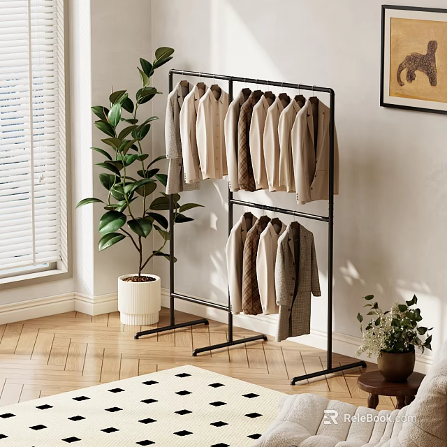 Black Metal Clothes Rack With Hanging Neutral Tone Clothes In Indoor Space With Green Plant 3d model 