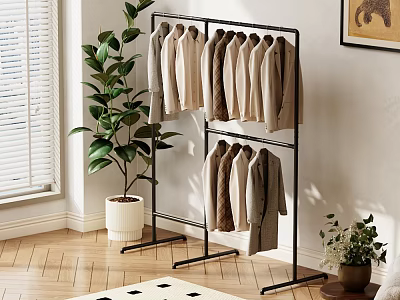 Black Metal Clothes Rack With Hanging Neutral Tone Clothes In Indoor Space With Green Plant 3d model