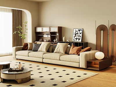 Beige Multi Seater Sofa With Throw Pillows Wooden Floor Checkered Rug Round Coffee Table 3d model