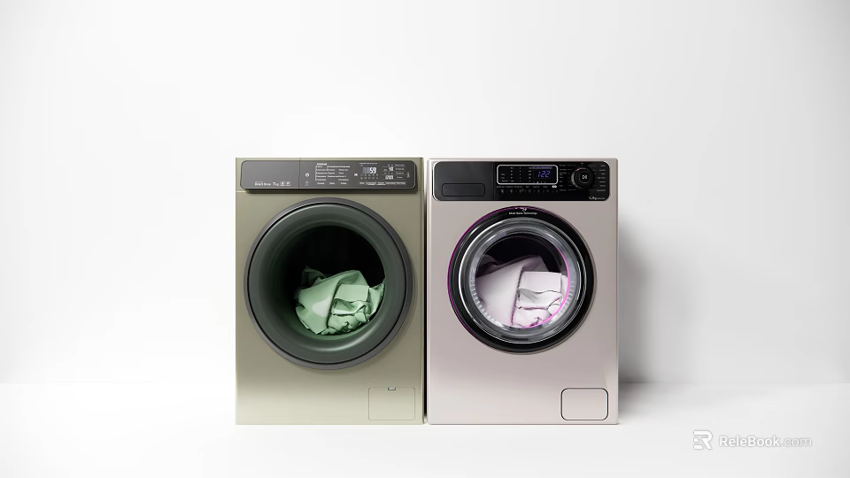 Two Modern Washing Machines With Green And White Clothes Inside Each Drum 3d model 