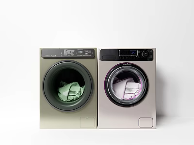 Two Modern Washing Machines With Green And White Clothes Inside Each Drum 3d model