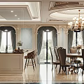 Elegant Classic Restaurant Interior With Chandelier Dining Table Chairs Wooden Cabinets And Marble Flooring