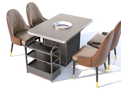 Modern Dining Table Set With Brown Chairs Gold Legs And Metal Tray 3d model