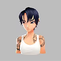 Stylized 3D Female Character With Short Dark Hair White Tank Top And Arm Tattoos