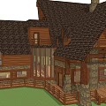 Rustic Log Cabin Detached Villa With Dark Roof Steps Water Feature And Fence