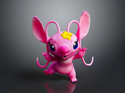 Cute Pink Cartoon Alien Creature With Big Ears Yellow Flower Standing Playful Pose Shiny Surface 3d model
