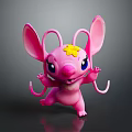 Cute Pink Cartoon Alien Creature With Big Ears Yellow Flower Standing Playful Pose Shiny Surface