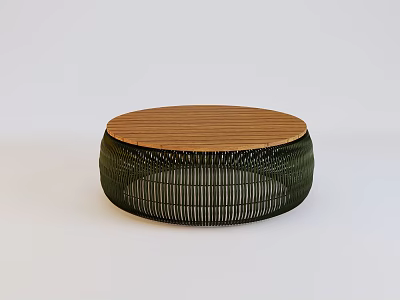 Round Wooden Top Stool With Green Woven Frame For Modern Home Decor 3d model