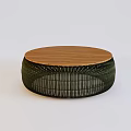 Round Wooden Top Stool With Green Woven Frame For Modern Home Decor