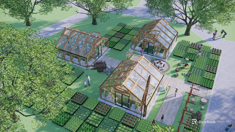Rural Landscape With Glass Greenhouses Wooden Frames Vegetable Plots And Trees 3d model 