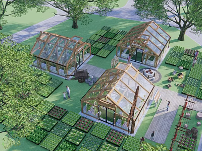 Rural Landscape With Glass Greenhouses Wooden Frames Vegetable Plots And Trees 3d model