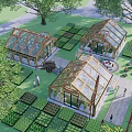 Rural Landscape With Glass Greenhouses Wooden Frames Vegetable Plots And Trees