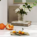 Minimalist Home Decorative Ornament Set With Glass Vases Books Green Foliage White Flowers And Oranges