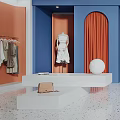 Stylish Fashion Clothing Store With Blue Orange Walls Arched Doorway And Plaid Dress Mannequin