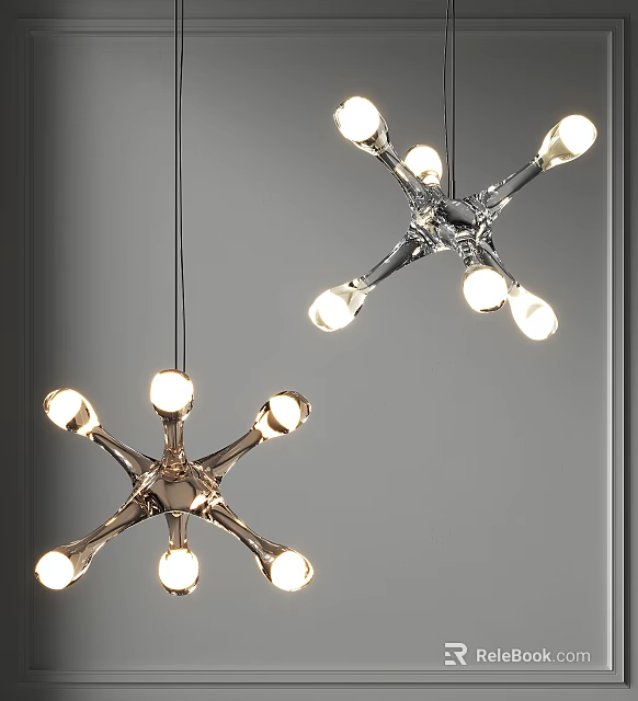 Modern Multi Arm Metallic Chandelier With Bright Bulbs On Grey Background 3d model