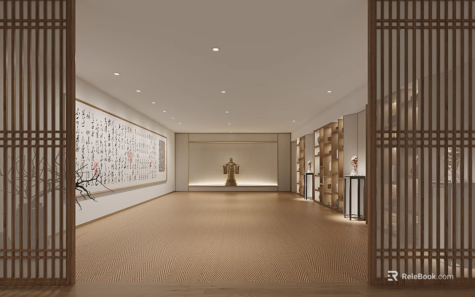 Traditional Chinese Exhibition Hall Interior With Calligraphy Wall And Sculpture 3d model 