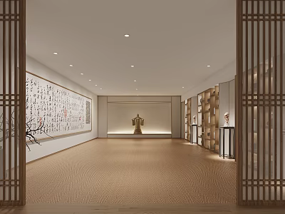 Traditional Chinese Exhibition Hall Interior With Calligraphy Wall And Sculpture 3d model