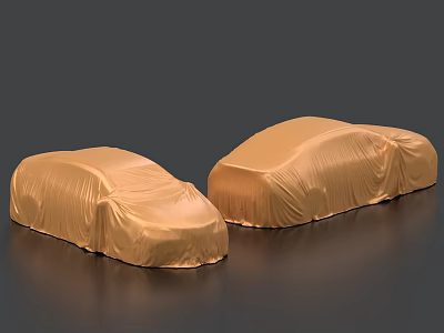 Two Shiny Cars Covered With Golden Car Covers On Dark Background 3d model