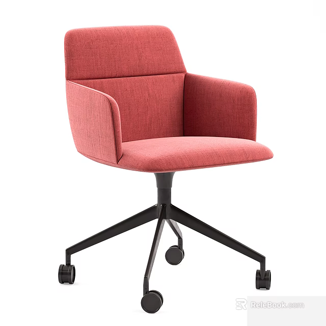 Modern Coral Red Fabric Office Chair With Armrests And Black Five Star Base Wheels 3d model 