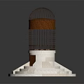 Bird in Rustic Brown Metal Birdcage on White Pedestal with Steps and Panel