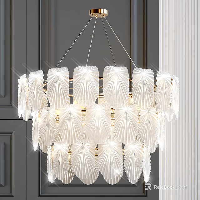 Elegant White Pleated Leaf Shaped Chandelier With Gold Accents For Modern Interior 3d model 