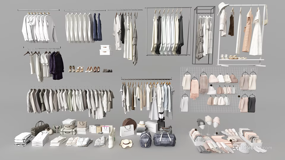 Various Stylish Clothes with Hanging Jackets Pants Folded Items and Accessories on Racks 3d model 