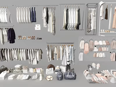 Various Stylish Clothes with Hanging Jackets Pants Folded Items and Accessories on Racks 3d model