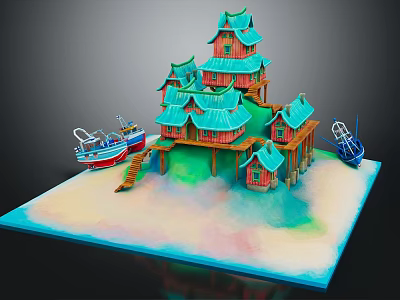 Cartoon Scene With Red Multi tiered Pagoda Buildings Turquoise Roofs Boats And Sandy Beach 3d model