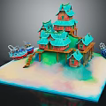 Cartoon Scene With Red Multi tiered Pagoda Buildings Turquoise Roofs Boats And Sandy Beach