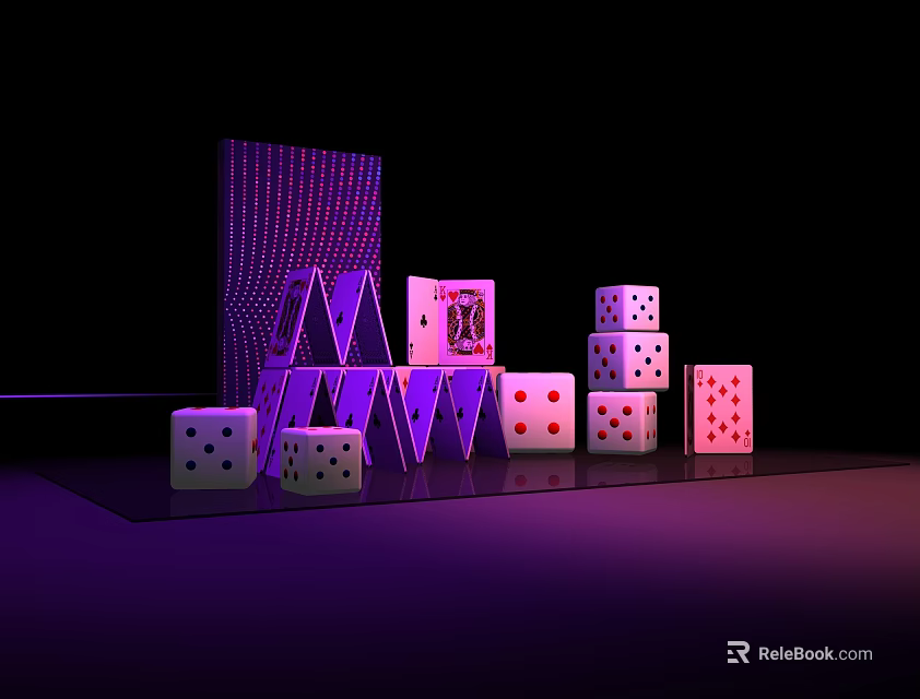 Neon Cyberpunk Scene With Stacked Dice Playing Cards And Purple Pink Lighting 3d model 