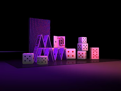 Neon Cyberpunk Scene With Stacked Dice Playing Cards And Purple Pink Lighting 3d model