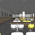 School Cafeteria Interior With Long Tables Yellow White Chairs And Large Windows 3d model