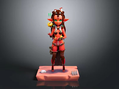 Elf Game Character 3D Model With Red Outfit Green Eyes Yellow Accessory On Pink Base 3d model