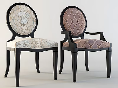 Two Leisure Chairs With Black Frame Oval Back Floral And Diamond Pattern Cushions 3d model