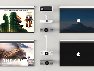 Projection Monitoring Setup with Projectors and Screens Showing Movie Posters Landscape and Logos 3d model