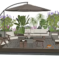 Comfortable Outdoor Sofa Set With Patio Furniture And Greenery Under Umbrella