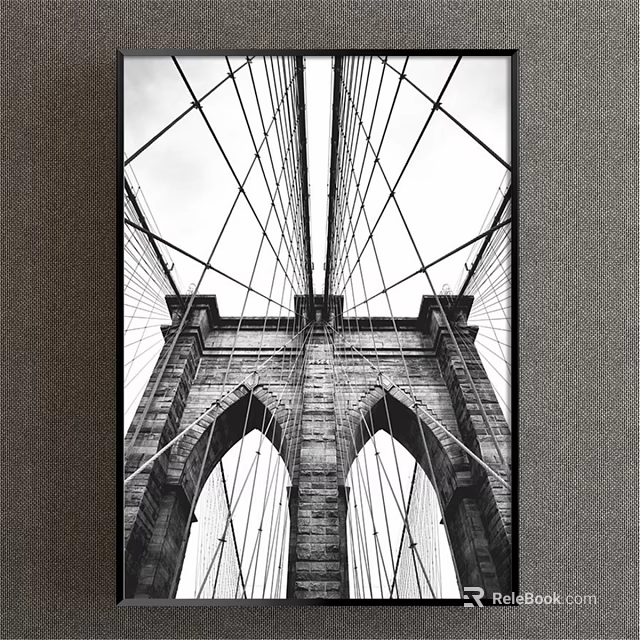 Black and White Brooklyn Bridge Landscape Painting With Arch Structure And Cables 3d model 