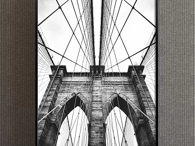 Black and White Brooklyn Bridge Landscape Painting With Arch Structure And Cables 3d model