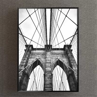 Black and White Brooklyn Bridge Landscape Painting With Arch Structure And Cables 3d model